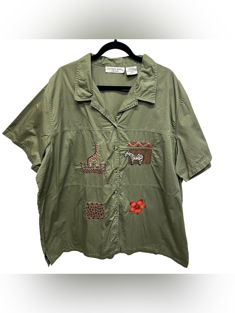 Victoria Jones women’s casual safari shirt giraffe zebra green size 3x